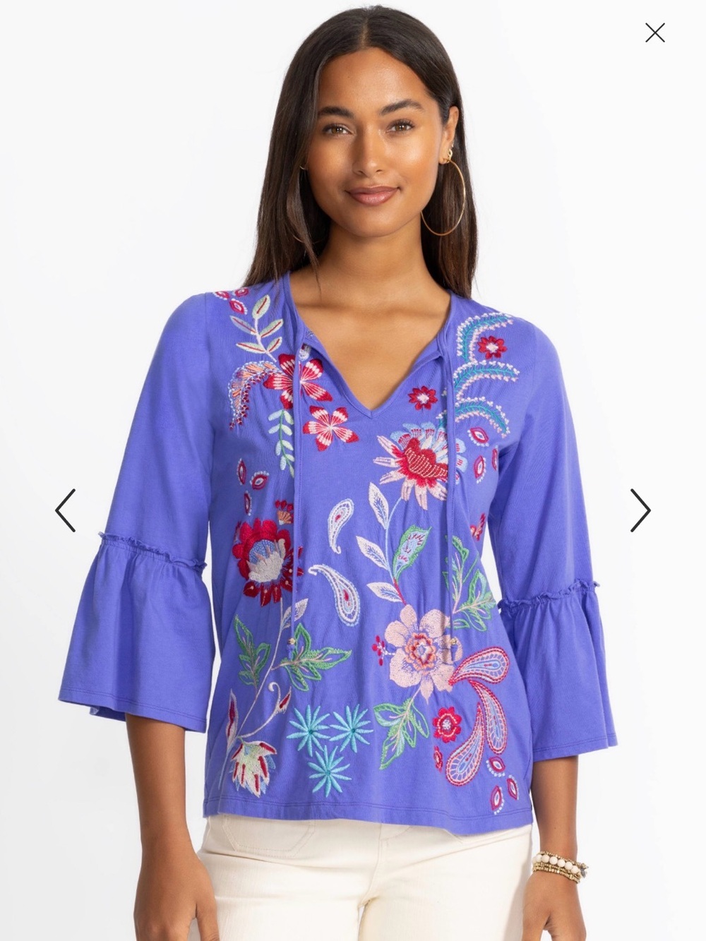 Johnny Was NEW Cotton Periwinkle Ruffle Sleeve Embroidered Tee Freyde Small